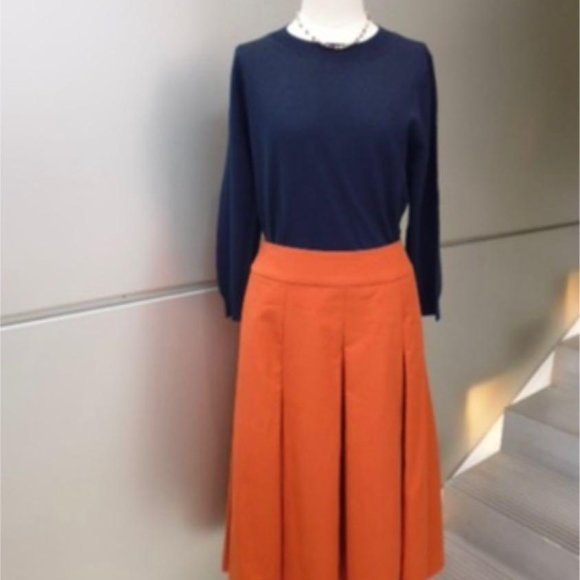 Margaret Howell Cotton Linen Twill Midi Pleated Skirt SZ II Orange Red